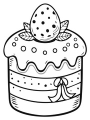 Easter cake with decorated egg and ribbon, illustration in black and white