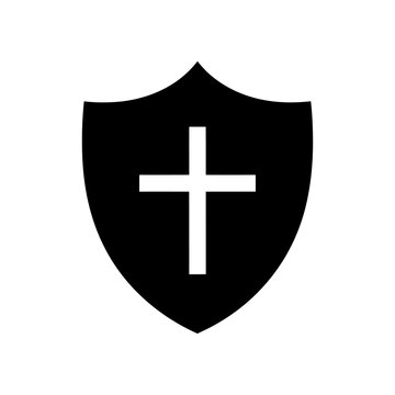 Black shield with white cross symbol.