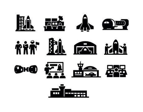Spaceport and infrastructure. Solid icon set of spaceport and infrastructure: space launch pad, mission control, passenger spacecraft,