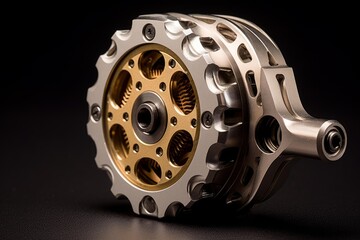 Intricate mechanical component showcasing gears and springs on a dark background