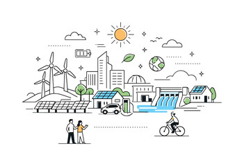 Fototapeta premium Sustainable power future. A modern city powered by renewable energy sources, quiet efficiency and clarity. Clean geometry and open space