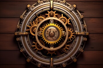 Obraz premium Steampunk style clockwork mechanism featuring rotating golden gears and cogs mounted on a wooden background