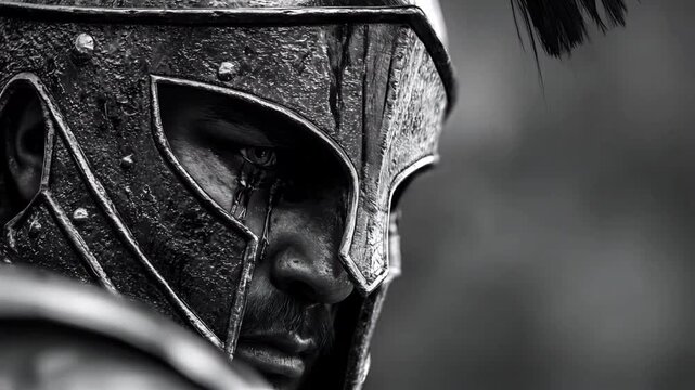 roman gladiator focusing during battle. close camera view. black and white
