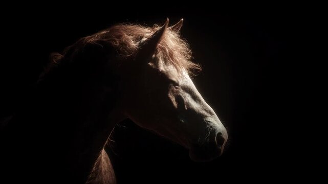 majestic chestnut horse portrait with dramatic lighting against black background