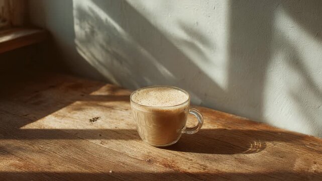 cup of hot latte on a wooden table in warm morning sunlight with leaf shadows