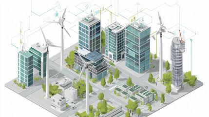 Sustainable urban development with wind turbines and green buildings