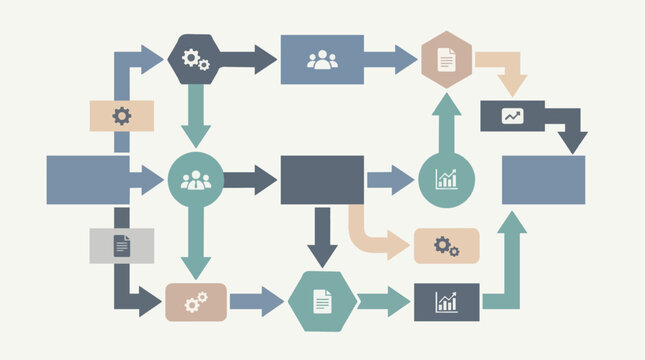 corporate workflow process diagram, step by step geometric blocks connected with arrows
