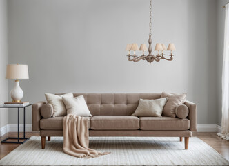 Interior view with vintage sofa and chandelier in living room with empty wall, mock-up. Created using generative AI tools