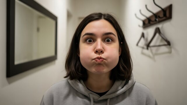 Young brunette woman in grey hoodie puffing cheeks for sensory regulation, neurodivergent stimming