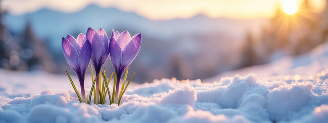 Spring background, banner - view of the fresh purple crocuses blooming against the background of snowy mountains. Created using generative AI tools