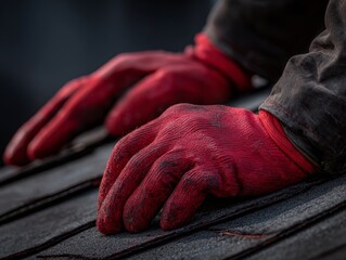 Worker wearing orange gloves cleaning wet metal roof surface