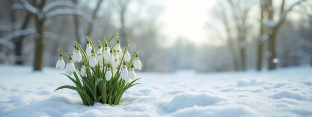 Spring landscape, banner - view of newly blossomed snowdrops sprouting from under the snow in early spring. Created using generative AI tools