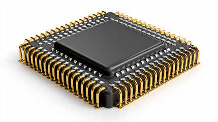 Black QFP Microprocessor Chip with Gold Pins Isolated