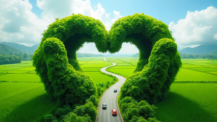 A sculpture of colossal plant hands hands folded in the shape of a heart, simultaneously forming an arch over the highway. Created using generative AI tools