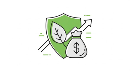 Green shield protects growing wealth with money bag and leaf