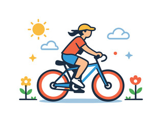 Fototapeta premium Outdoor spring activities a person riding a bicycle under a clear sky with simple clouds and flowers, expressing freedom, movement, and joy