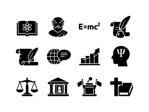   Fields of Scholarship. Solid icon set of fields of scholarship: science book, philosophy icon, math equation, literature icon, history