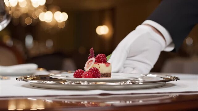 Waiter in white gloves serving gourmet raspberry dessert on silver tray in luxury restaurant, close up.