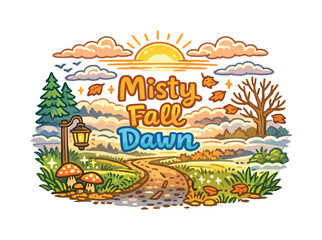   Misty Fall Dawn. Hand-drawn doodle illustration of Misty Fall Dawn. Soft fog layers, sunrise