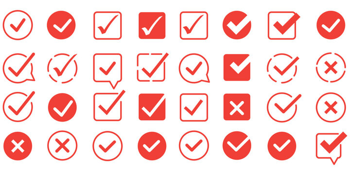 Check mark icons. Green check mark icon and red cross icon sheet. green tick and red x. Symbols of approval and Decline, outline and fill vector illustration