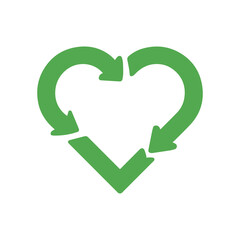 Green heart shaped recycling symbol with arrows in a continuous loop illustrating sustainability and eco friendliness in a minimalist style