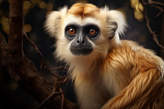 Golden snub nosed monkey looking intensely with brown eyes from a tree