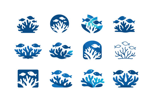 Coral Reef Icons. Coral reef. Icon set. Set Logo of Coral reef: coral and fish. harmonious logo variations of the same emblematic concept, each with different