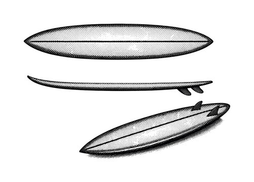 Halftone classic surfboard shape A classic surfboard shape shown in three views including overhead view, rail profile view, and three-quarter