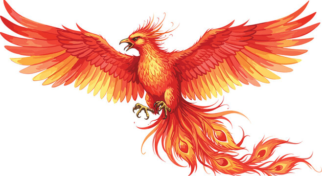 Vibrant phoenix vector illustration, fiery wings spread wide, mythical bird of rebirth, transformation, immortality, detailed decorative artwork, cultural symbol of renewal