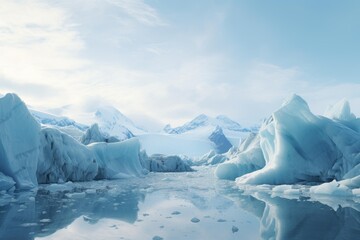 Iceberg formations float on calm water with snow covered mountains under a bright sky