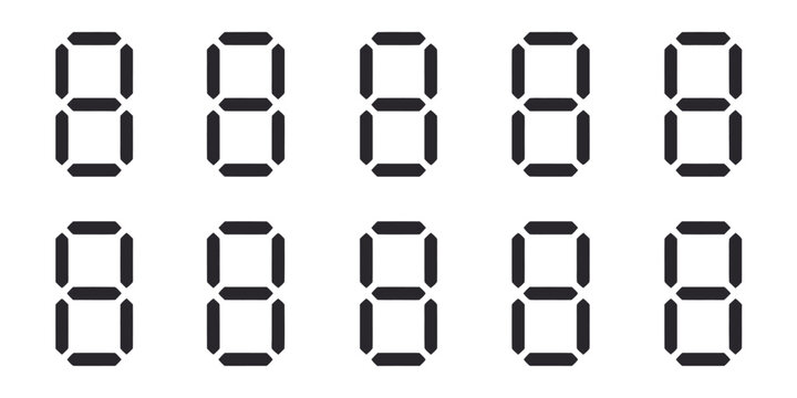 Digital number display set, showcasing black and white numeric digits for clocks, calculators, timers, and electronic counter illustrations.