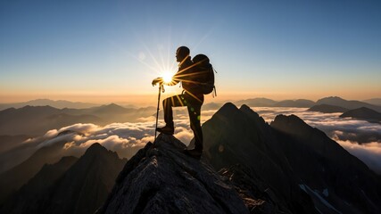 Adult male mountaineer with backpack celebrating solo achievement on mountain summit at dawn
