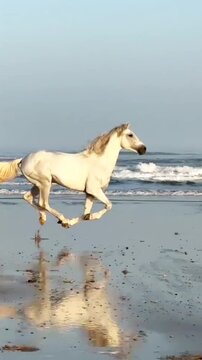 A cute white and brown whippet canine breed puppy is a domestic pet animal running on the summer beach sand near the sea water under a blue nature sky