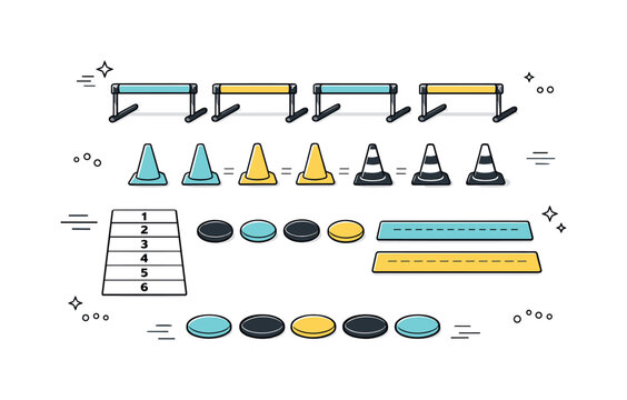   Grass field plyometric flat-lay. Hurdles, cones, and jump markers arranged neatly in linear top-view layout, suggesting structured training