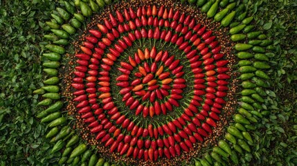 Red and green chili peppers in circular arrangement