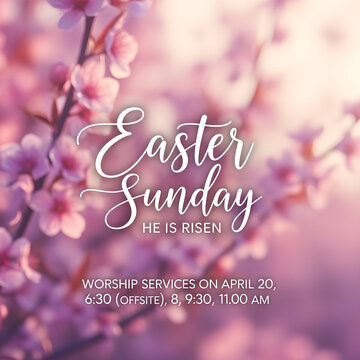 A beautiful easter sunday graphic with delicate pink cherry blossoms