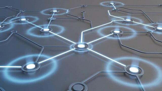 Futuristic glowing network nodes connected by illuminated lines across a metallic circuit surface, symbolizing digital connectivity, data exchange, communication networks, blockchain infrastructure an