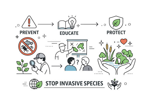 Invasive species awareness concept. Abstract composition with warning icons, plants, animals, and protective symbols arranged in a clear