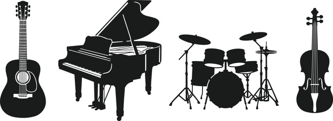 Musical instruments silhouettes set featuring acoustic guitar, grand piano, drum kit and violin in black and white vector illustration © Moksen