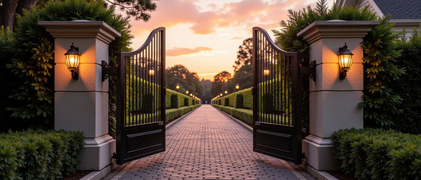Elegant iron gate stone pillar lantern cobblestone driveway lush hedge sunset luxury estate tranquil entrance residential