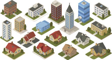 Isometric 3D city buildings collection, modern residential houses and office architecture set, urban real estate illustration isolated on white background © Shaharia