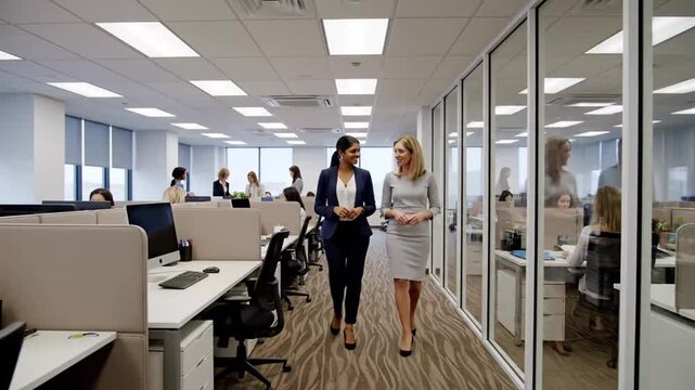 Businesswomen walking in modern office, working environment.