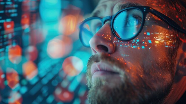 Bearded man in glasses gazing at futuristic digital interface reflections and data