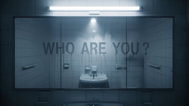 Mental health concept of depersonalization with Who Are You text on a foggy bathroom mirror