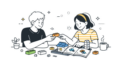 Fototapeta premium LEGO construction at home. Two people collaborating on a model, exchanging blocks and pointing at instructions. Calm teamwork and shared