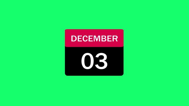 A minimalist flat design calendar icon displaying December 3rd with a bold pink header and black body set against a vibrant neon green background, ideal for holiday planning and scheduling events.