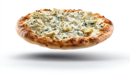 Whole spinach and artichoke pizza floating isolated on white background. Creamy cheese topping with herbs and vegetables, crispy crust, high detail studio photography.
