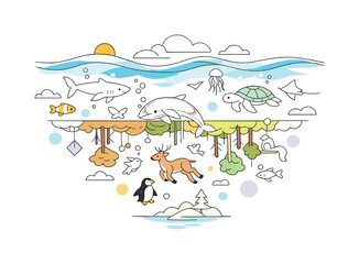   Surreal environmental art: inverted world ecosystem. An upside-down landscape with oceans in