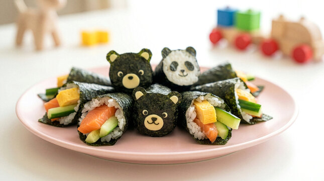 Fun Children's Temaki Sushi Party - Cute hand-roll sushi platter with kid-friendly ingredients and decorations - High resolution stock photo