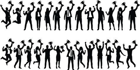 Business team celebrating victory with trophy silhouettes, corporate professionals cheering and jumping in black and white vector illustration set